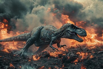A fiery beast races across molten terrain, its scaled body resembling a mammalian creature as it escapes the dangers of the prehistoric landscape