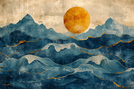 Sunset, Dragon Art Deco Inspired Wallpaper, Elegant Geometric Wallpaper Design, Gold Accents