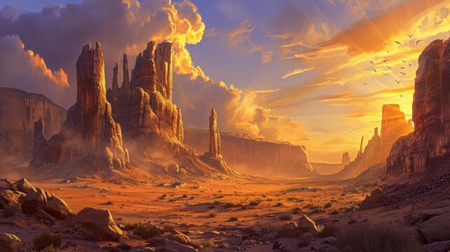  a painting of a desert scene with a castle in the middle of the desert and birds flying in the sky over the rocks and the desert, while the sun is setting. © Anna