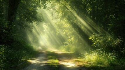 Obraz premium a dirt road in the middle of a lush green forest with sunbeams shining through the trees on either side of the road is a dirt path that runs through the woods.