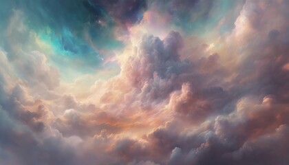 Colorful clouds illuminated by light, creating a mesmerizing mix of colors and textures. - obrazy, fototapety, plakaty