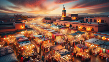 Twilight Over a Bustling Traditional Market with Glowing Lanterns