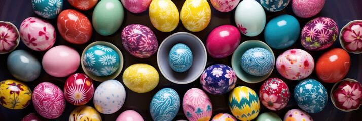 Fototapeta na wymiar Top view of colorful Easter eggs with flower decoration on dark purple background. Multicolor painted eggs banner on violet surface. Generative AI.