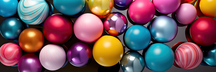 Top view of colorful and shiny balls on mirror surface. Multicolor Christmas baubles banner. Generative AI.