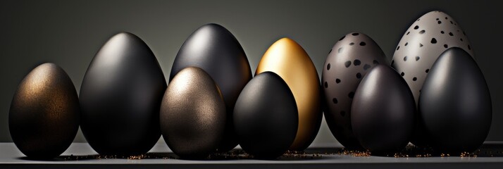 Dark, shiny and golden Easter eggs in a row with golden decoration on dark background. Black and gray painted eggs banner. Generative AI. - obrazy, fototapety, plakaty