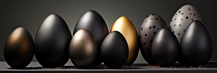 Fotobehang Dark, shiny and golden Easter eggs in a row with golden decoration on dark background. Black and gray painted eggs banner. Generative AI. © cabado
