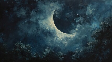  a painting of a crescent in a cloudy sky with a half moon in the middle of the sky and a few clouds on the bottom half of the moon in the sky.
