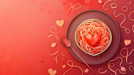 A romantic dinner is complete with a bowl of spaghetti, but what truly warms the heart is the unexpected red shape nestled among the noodles - obrazy, fototapety, plakaty