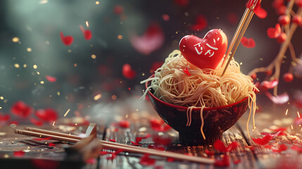 A festive holiday treat, this steaming bowl of noodles topped with a heart-shaped tomato is sure to warm both stomachs and hearts with its vibrant red color - obrazy, fototapety, plakaty