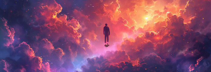 Colorful space scene with a person riding a skateboard. 
Driving in the cosmos, colorful clouds - obrazy, fototapety, plakaty