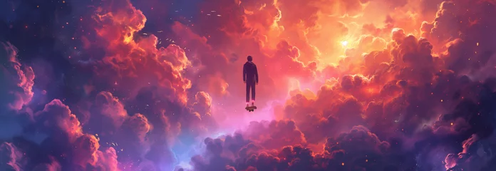 Gartenposter Koralle Colorful space scene with a person riding a skateboard.  Driving in the cosmos, colorful clouds