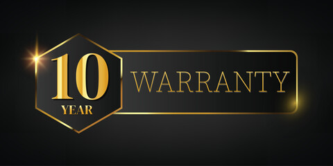 10 year warranty logo with golden banner and golden ribbon.Vector illustration.