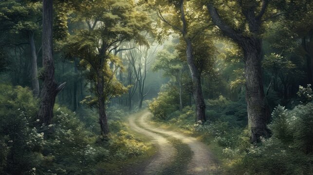  a painting of a dirt road in the middle of a forest with lots of trees on both sides of the road, and a lush green forest with lots of leaves on both sides.