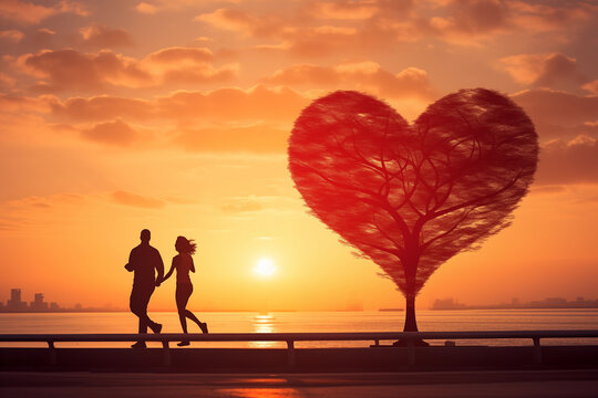 silhouette of a couple on the beach running with heart in background love and heart health theme