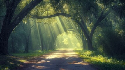  a dirt road in the middle of a forest with sunbeams shining through the trees on either side of the road is a dirt road with grass and trees on both sides. - obrazy, fototapety, plakaty