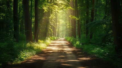 Obraz premium a dirt road in the middle of a forest with trees on both sides of it and the sun shining through the trees on the other side of the dirt road.