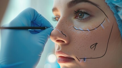 doctor is drawing mark up lines on nose before rhinoplasty surgery. Rhinoplasty markup. Rhinoplasty is reshaping nose surgery for change appearance of the nose and improve breathing - obrazy, fototapety, plakaty