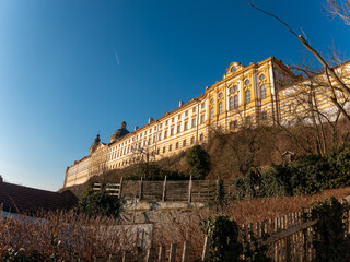 View on the interior and exterior of the Melk abbey and the Melk town in Lower Austria