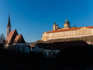 View on the interior and exterior of the Melk abbey and the Melk town in Lower Austria