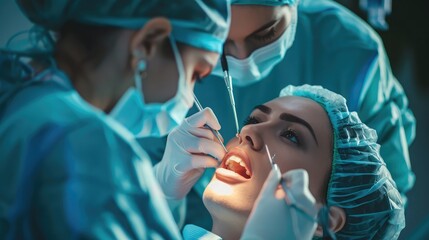 Surgeon and nurse during a dental operation.Anesthetized patient in the operating room.Installation of dental implants or tooth extraction in the clinic. General anesthesia during