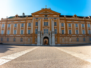 Obraz premium View on the interior and exterior of the Melk abbey and the Melk town in Lower Austria