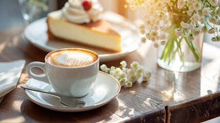  a cup of cappuccino sits on a saucer next to a plate with a piece of cake on it and a vase with flowers in the background. - obrazy, fototapety, plakaty