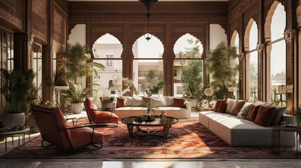 Moroccan interior space with Arabic laser cut patterns at windows and furniture armchair