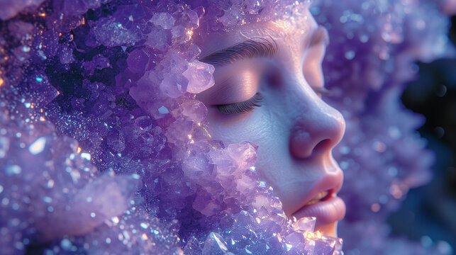Captivating image a close up woman's face decorated with a crystal geode.  Surrealistic artwork. The intricate details, and utilize soft lighting. The magical and dreamlike ambiance.