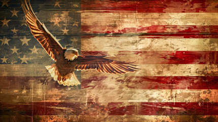 A powerful image of an American bald eagle in flight superimposed over a distressed American flag, symbolizing patriotism and freedom.
 - obrazy, fototapety, plakaty