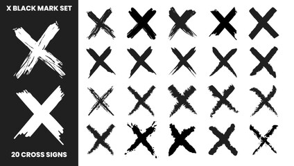Set of 20 meticulously crafted black X marks featuring unique and intricate designs. hand-drawn with crosse mark brush strokes, creating a distinctive graphic symbol. These high-quality X-marks