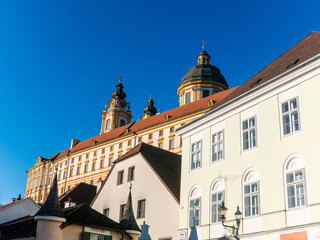 View on the interior and exterior of the Melk abbey and the Melk town in Lower Austria
