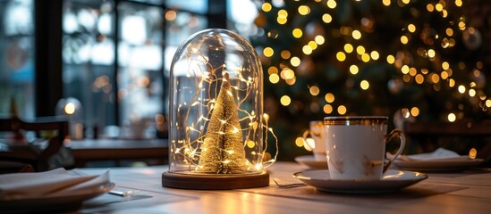 Christmas decoration with fairy lights and paper napkins placed under glass dome on cafe table.