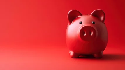 Fotobehang A red piggy Bank stands on a bright red background with a shadow. Horizontal photography © Ibad