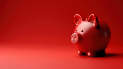 A red piggy Bank stands on a bright red background with a shadow. Horizontal photography