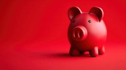 A red piggy Bank stands on a bright red background with a shadow. Horizontal photography - obrazy, fototapety, plakaty