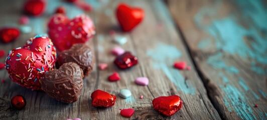 Chocolate with ribbon and three candy hearts on St. Valentine's day love. Old wooden background closeup