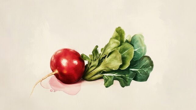 a painting of a radish and lettuce on a white background, with a pink spot in the middle of the picture to the right of the image.