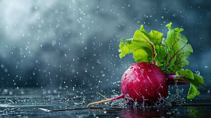  a radish sprouts out of the water on a rainy day, with rain falling down on the ground and the radishes in the foreground. - obrazy, fototapety, plakaty