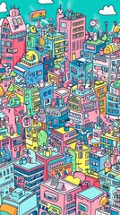 Detailed Drawing of a Bustling Cityscape With Numerous Buildings and Architecture