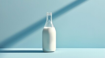  a bottle of milk sitting on top of a table next to a shadow of a person's shadow on the wall behind the bottle is a light blue background.