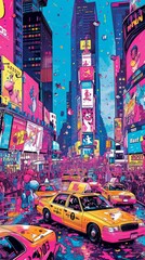 Painting of a Vibrant City Street Packed With Taxis - obrazy, fototapety, plakaty
