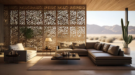 room interior with big window to beautiful view to desert and sands.