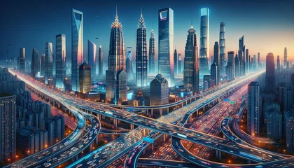 Foto op Plexiglas Dazzling futuristic cityscape at dusk with illuminated skyscrapers and busy highways © Miva