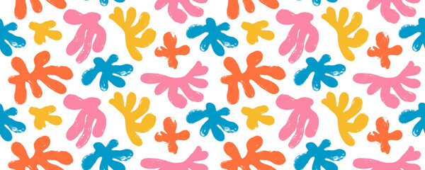 Bright colored algae silhouettes seamless banner in Matisse style. Brush drawn organic shapes.