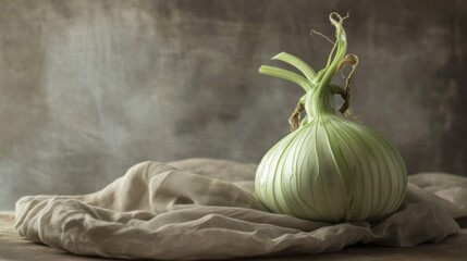  a green onion sitting on top of a table next to a piece of cloth on top of a piece of cloth on top of a table cloth on top of a wooden table. - obrazy, fototapety, plakaty