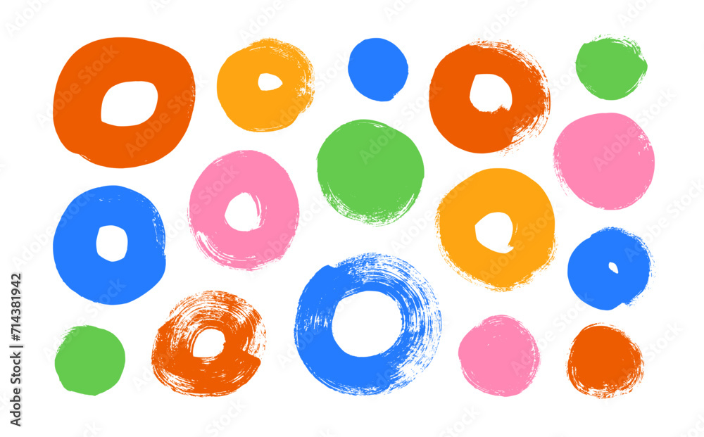 Poster various grunge style bold circles and dots collection. brush drawn vector geometric shapes.