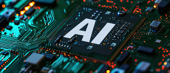 Artificial Intelligence,  AI text in bold white font on a green computer chip with red lights. 