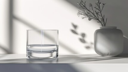  a glass of water sitting on a table next to a vase with a twig sticking out of it and a vase with a twig sticking out of twig.