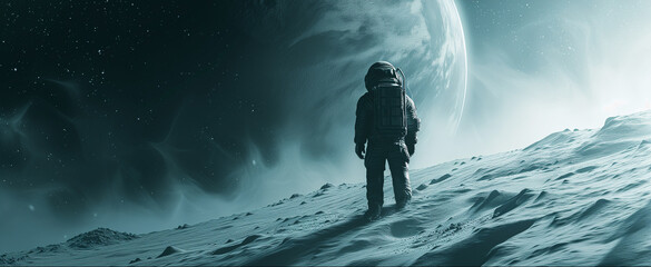 Space and future . Astronaut walking on a lunar surface with a planet rise in the background - obrazy, fototapety, plakaty