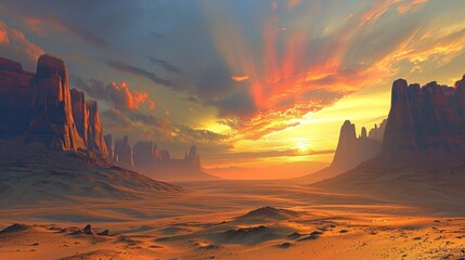  a painting of a desert at sunset with mountains and rocks in the foreground and a sky filled with clouds and sunbeams in the middle of the distance.